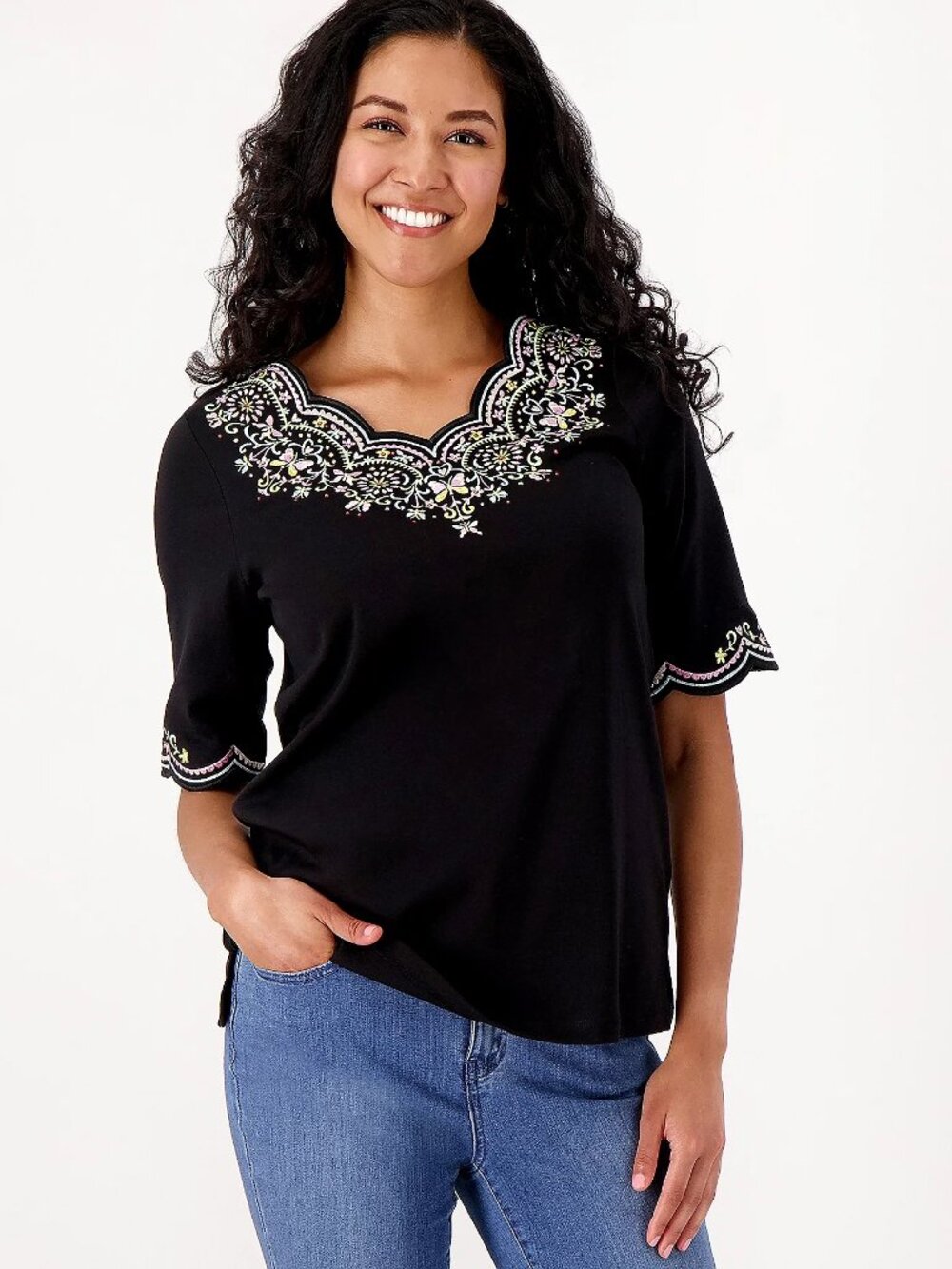 Quacker Factory Embroidered Scalloped Elbow Sleeve Top 3X New Black